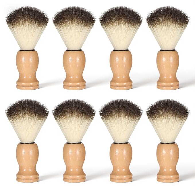 8 Pcs Men Shaving Brush for Wet Shave, Professional Salon Tools Comfortable Wood Handle Hand Crafted Shaving Brush Soft Bristle Shave Brushes Handmade Nylon Hair Brushes for Bearded Man