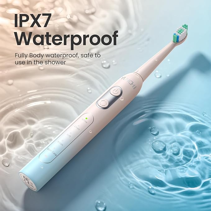 YUNCHI Sonic Electric Toothbrush, Electric Toothbrush for Adults and Kids, Rechargeable Battery Toothbrushes, 4 Brush Heads, 2 Min Timer, IPX7 Waterproof, 5 Modes, Blue Yellow Gradient