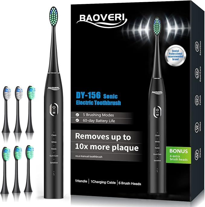 BAOVERI Electric Toothbrush for Adults & Kids,Rechargeable Ultrasonic Electric Toothbrush with 6 Dupont Brush Heads, IPX7 Waterproof, 5 Modes, 2 Minutes Smart Timer, 4 Hours Fast Charge for 60 Days