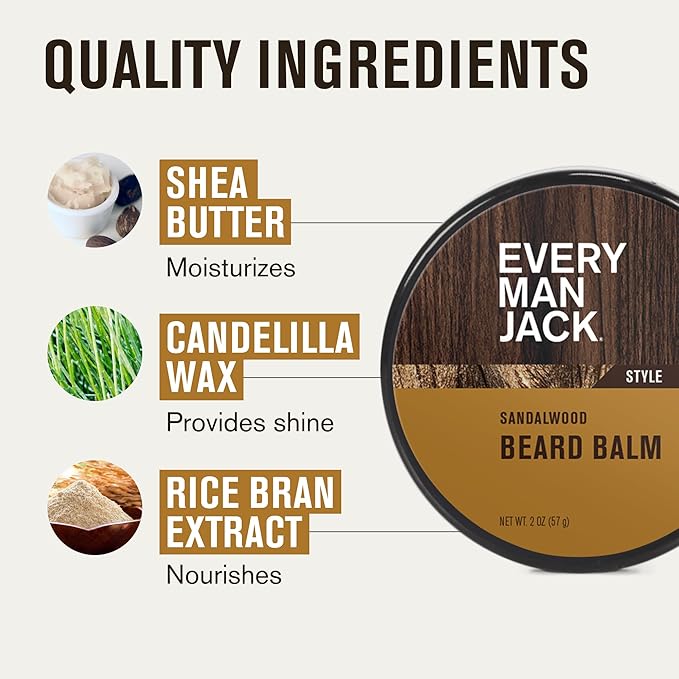 Every Man Jack Beard Styling Balm - Light Sandalwood Scent - Moisturize, Strengthen, and Style Your Beard - Medium Hold - Made w/Naturally Derived Ingredients like Candelilla Wax and Shea Butter - 2oz