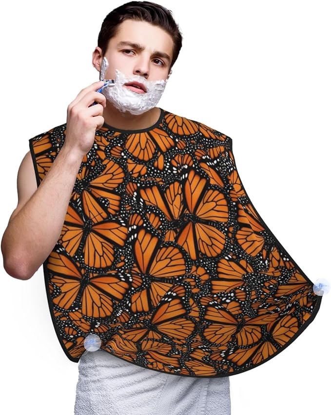 Beard Grooming Cape, Waterproof Hair Catcher for Shaving Trimming, Non-Stick Bib Apron Gifts for Dad Men, Beautiful Monarch Butterfly Shave Bib