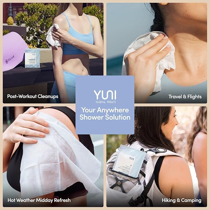 YUNI Beauty Large Body Wipes (Unscented, 6 Count) Super Soft Moist Showerless Wipes that Cleanse & Deodorize - On-the-Go Waterless Body Cleanser - Biodegradable Individually Wrapped Wipes for Travel