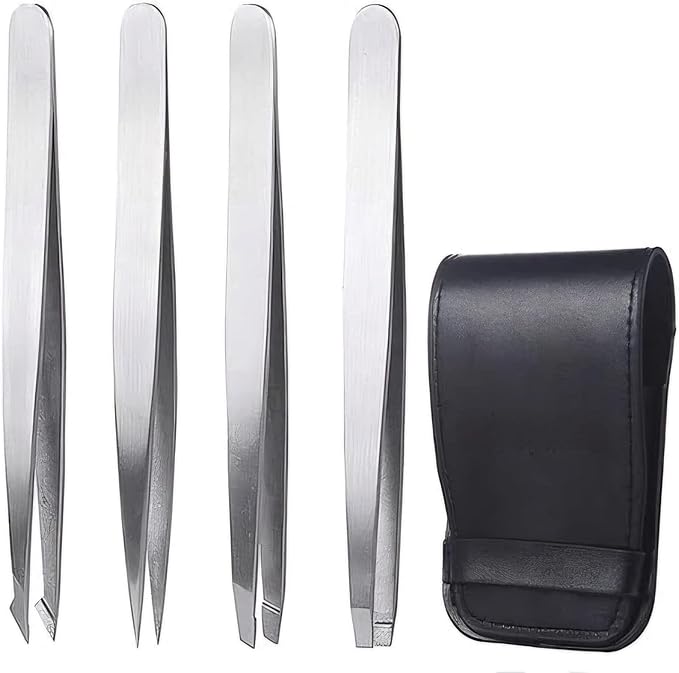 4-Piece Stainless Steel Tweezer Set - Tweezers for Eyebrows, Precision Tweezer Set for Women & Men - Ingrown Hair Tweezer, Long Lash & Eyelash Tweezers, Tweezers for Crafting (Silver)