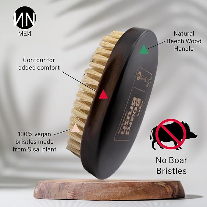 Natnique Vegan Beard Brush for Men, 100% Sisal Plant Bristles, Ergonomic Design with Natural Beachwood Handle - Men's Beard & Mustache Brush – 100% Natural, Non-Synthetic, Cruelty Free