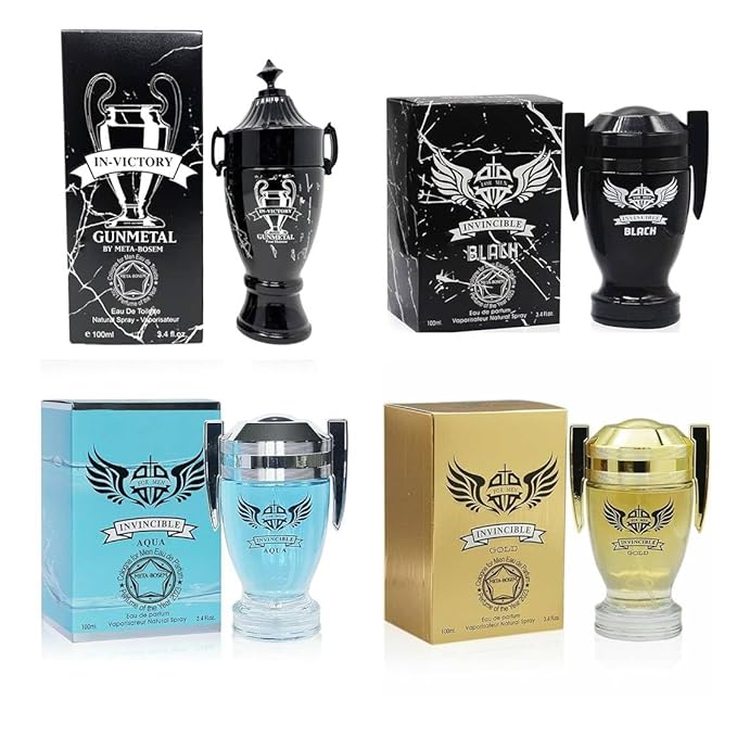 META-BOSEM Invincible 4-Pc Set Cologne for Men Classic Collection Bottles, Eau de Parfum Natural Spray - Fresh Aqua Scent - Gift for Holiday (Pack of 4) Each 3.4 Fl Oz, Total 13.60 Oz