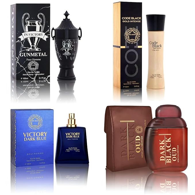 Cologne for Men Set (100ml x 4PCS Variety Pack Black Code Intense Gold,Dark Black OUD,Victory Dark Blue,Victory Gunmetal) Eau De Perfume Notes of Woody, Spicy, Citrus & Aromatic Long Lasting Perfume