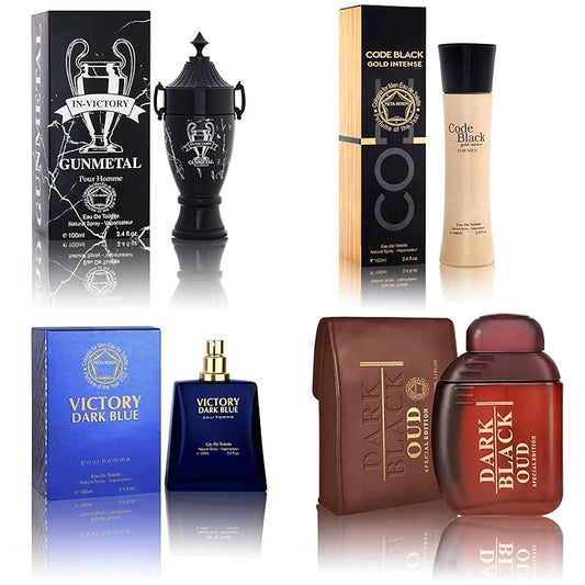 Cologne for Men Set (100ml x 4PCS Variety Pack Black Code Intense Gold,Dark Black OUD,Victory Dark Blue,Victory Gunmetal) Eau De Perfume Notes of Woody, Spicy, Citrus & Aromatic Long Lasting Perfume