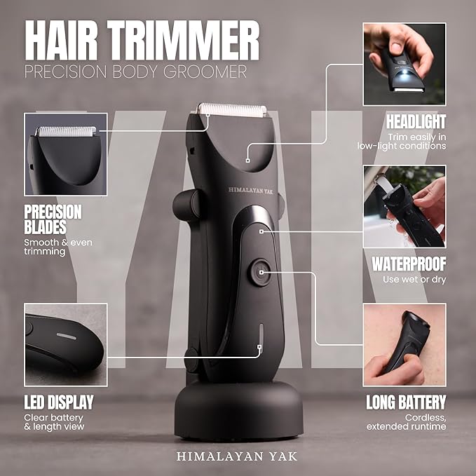 Dual-Head Electric Body Hair Trimmer for Men & Women, Waterproof Groin & Bikini Shaver, Wet/Dry Groomer with Replaceable Ceramic Blades,USB Recharge Dock, Hygiene Razor for Full-Body Use