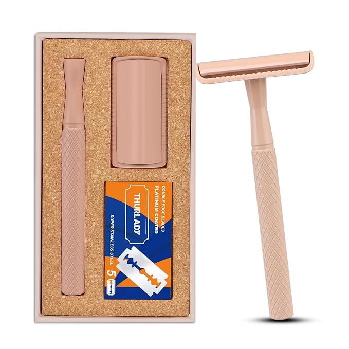 Beige Safety Razor - Single Blade Razors for Women - Reusable Metal Razor, with 5 Stainless Steel Double Edge Blades, Smooth Close Shave, Sustainable, Plastic Free