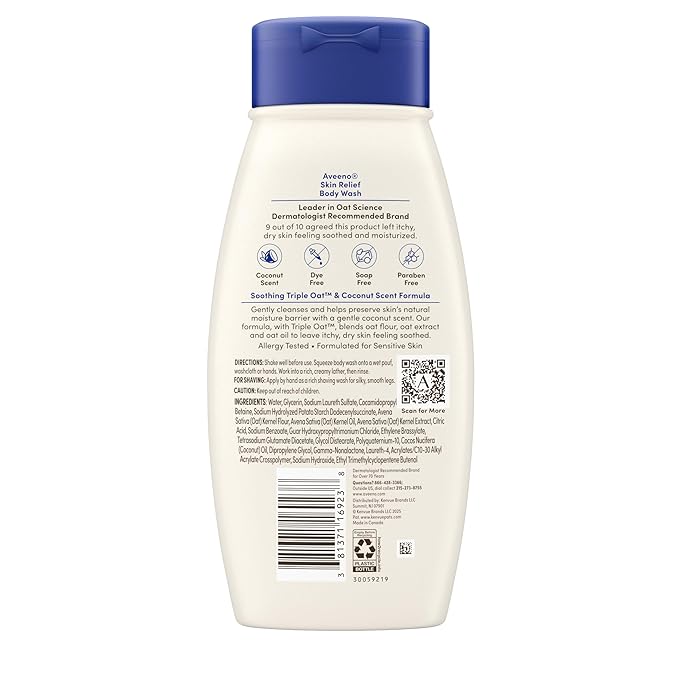 Aveeno Skin Relief Body Wash with a Gentle Coconut Scent & Soothing Triple Oat, Cleanser for Sensitive Skin Leaves Itchy, Dry Skin Soothed & Feeling Moisturized, 18 fl. oz