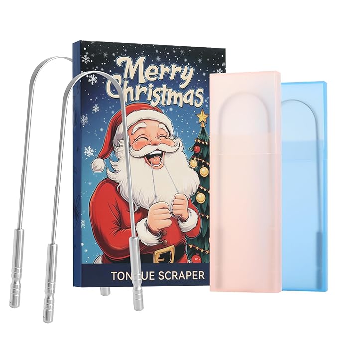 Tongue Scraper for Adults with Multicolor Travel Cases (2 Pack), Stocking Stuffers for Women Men White Elephant Gifts for Who Have Everything, 100% Stainless Steel Tongue Scrubber Tongue Cleaner