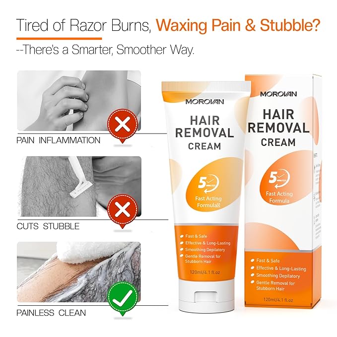 Morovan Hair Removal Cream 4.1Oz: Fast Acting Depilatory Cream for Women and Men, Painless Smooth Skin on Legs Arms Bikini Line at Home