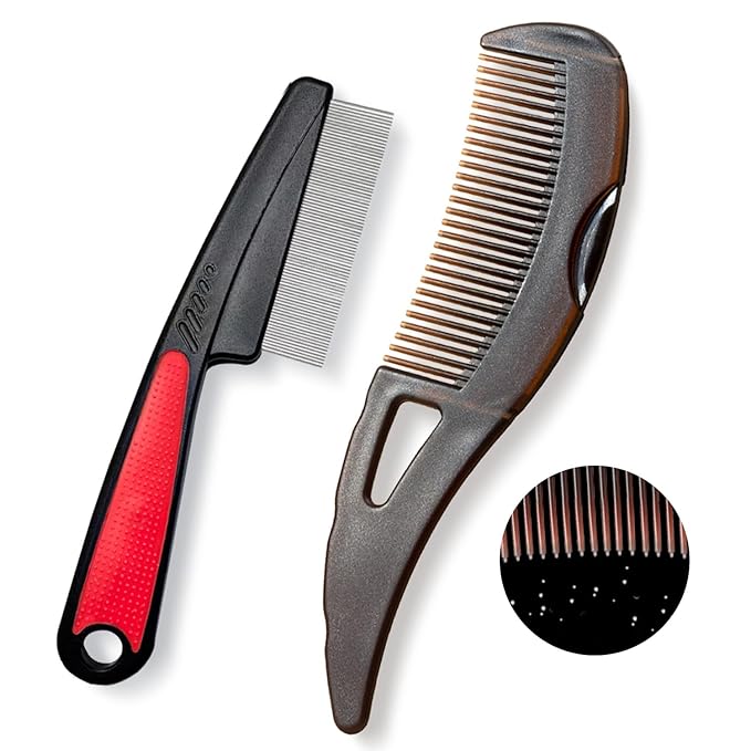 Dandruff Comb, Stainless Steel Fine Tooth Lice/Flea/Psoriasis Comb, Scalp Oil Buildup Removal Wide Hollow Tooth Button Hairbrush for Scalp Massage Care for Man Women and Kids (Red)