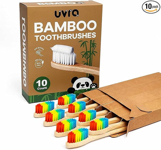Bamboo Toothbrushes for Adults - 10 Pack Biodegradable Manual Toothbrushes Teeth Colorful Bristle Natural Bamboo Tooth Brush Dental Eco Wood Toothbrush (Rainbow)
