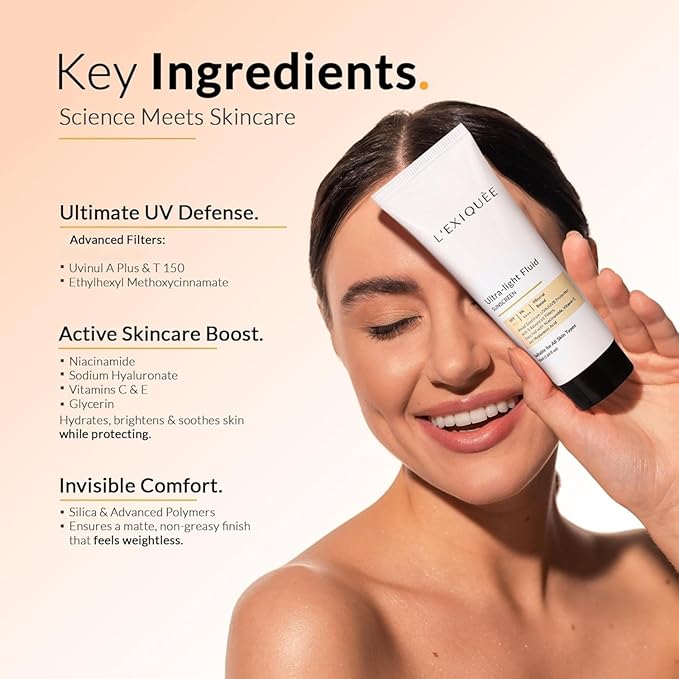 L'E'X'IQUÉE Ultra-Light Mineral-Based Sunscreen SPF 55+ PA++++ | No White Cast Fluid for Face | Non-Greasy Facial Sunscreen with Niacinamide & Hyaluronic Acid | Men & Women | 1.69 fl oz