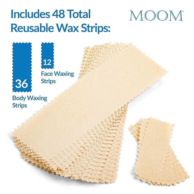 MOOM Men's Hair Removal Waxing Strips, 48 Count, 36 Body + 12 Face Strips, Reusable Polycotton
