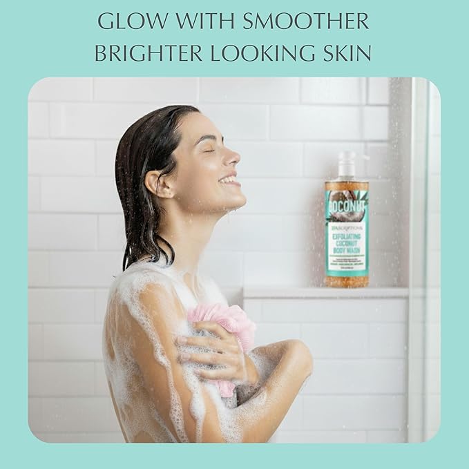 SpaScriptions Exfoliating Coconut Body Wash - 32 oz Scented Moisturizing Body Wash Scrub For Men and Women with African Black Soap for Smooth Skin and Brown Sugar for Gentle Exfoliation, Paraben Free