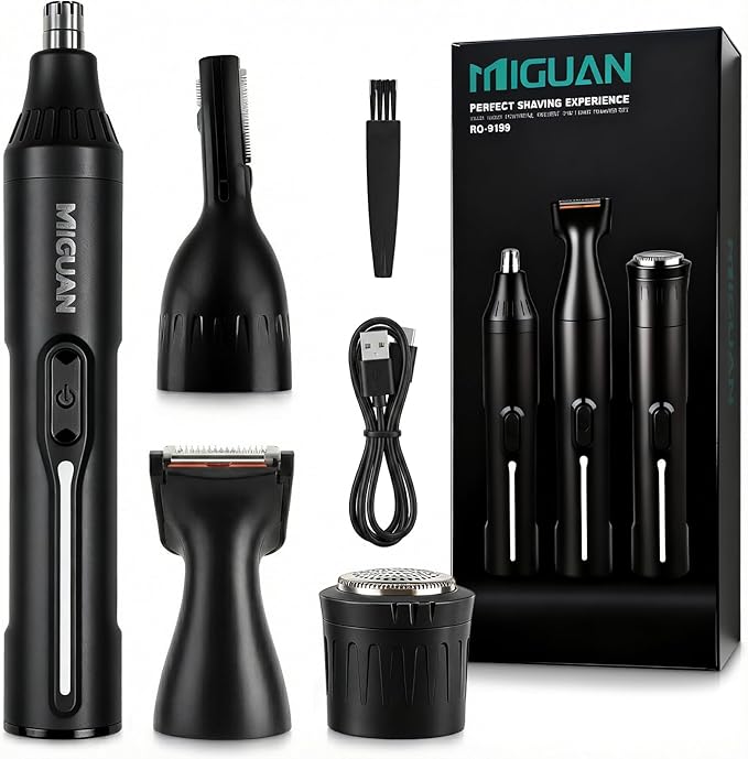 Rechargeable Nose Hair Trimmer - 4-in-1 Ear Eyebrow Beard Grooming Kit for Men & Women, Waterproof Quiet Motor, Type-C Fast Charging, Portable Travel Size Nose Trimmer Beard Trimmer (Black)