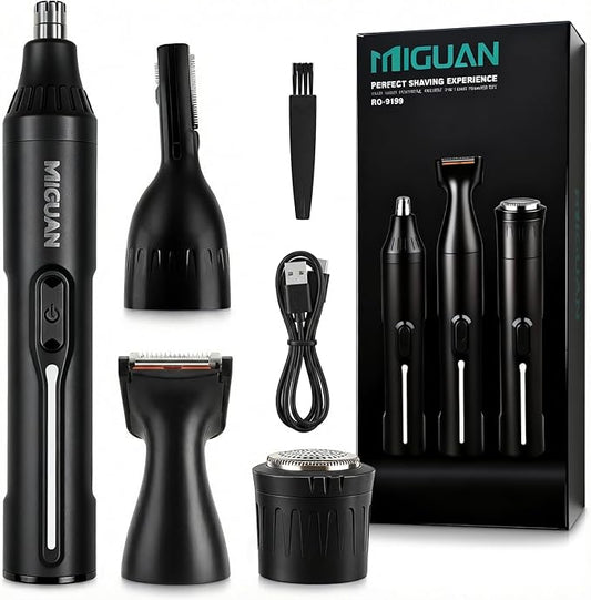 Rechargeable Nose Hair Trimmer - 4-in-1 Ear Eyebrow Beard Grooming Kit for Men & Women, Waterproof Quiet Motor, Type-C Fast Charging, Portable Travel Size Nose Trimmer Beard Trimmer (Black)