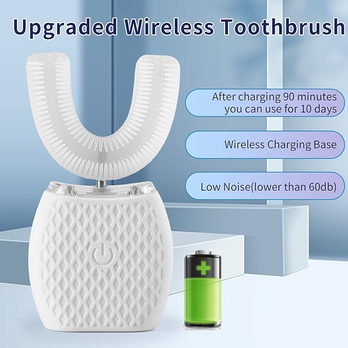 Ultrasonic Adult Electric Toothbrush，Sonic Toothbrush 360° Oral Cleaning Wireless Charging & LED Light|IPX7 Waterproof U-Shaped Brush Head Protects Gums