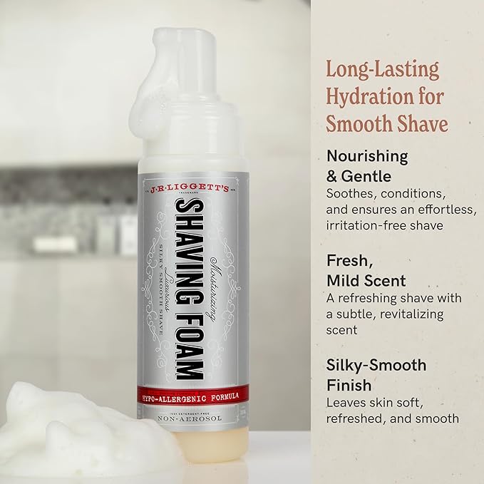 J.R.LIGGETT'S Mini Shaving Foam - Shaving Cream for Men & Women, Gentle Formula with Olive & Coconut Oil, Detergent, Aerosol, & Sulfate-Free, Smooth Hydration for Daily Grooming & Travel, 1.5 oz