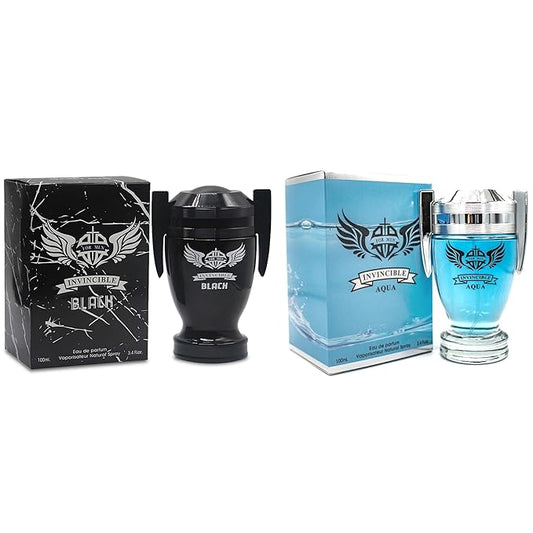 Invincible Aqua & Invincible Black Men's Cologne Eau de Parfum Gift Set - 3.4 Fl Oz Each | Citrus Spicy & Woody Ambergris Fragrance | Luxury Perfume for Day & Night