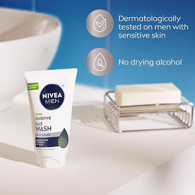 NIVEA MEN Sensitive Face Wash with Vitamin E and Chamomile Extract, No Drying Alcohol, Gentle Face Wash for Men with Sensitive Skin, 5 Fl Oz Tube