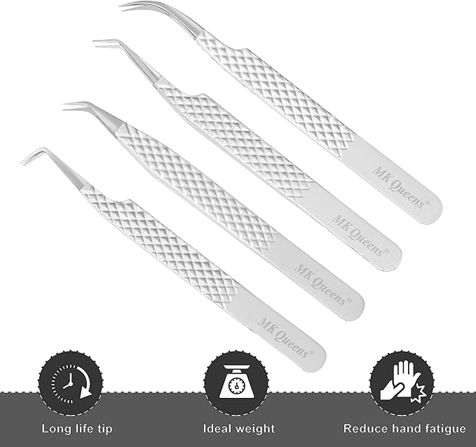 Fiber Tip Lash Tweezers for Eyelash Extensions with Diamond Grip, Set of 4 Precise Tips Japanese Steel for Classic, Volume & Mega Volume Lashes, Ideal Tweezers Set for Lash Artists (4, White)