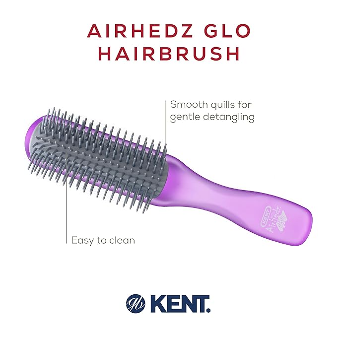 Kent AHGLO01 Airhedz Glo Purple Half Round Narrow Detangling Hair Brush - 9 Row Ionic Anti Static Non Scratch Long Nylon Bristle Great for Detangling and Smoothing Medium to Long Length Hair