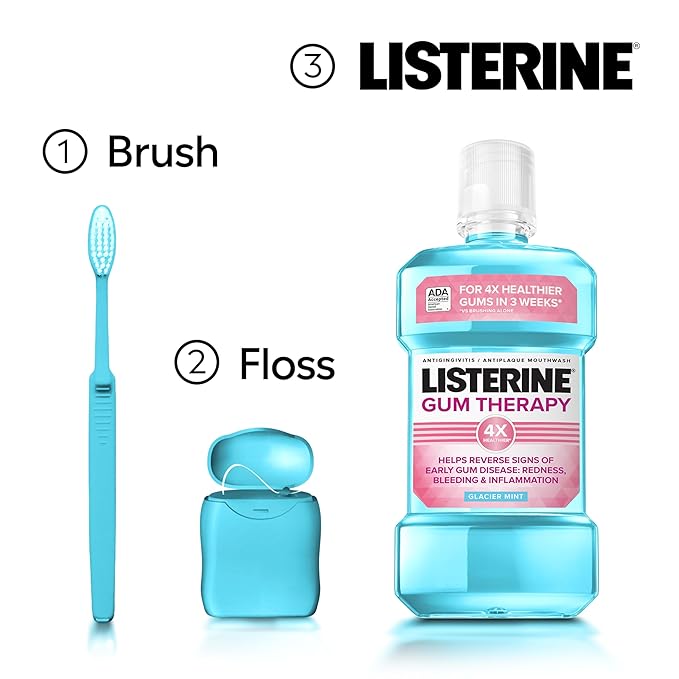 Listerine Gum Therapy Antiplaque & Anti-Gingivitis Mouthwash, ADA Accepted Oral Rinse Helps Reverse Early Gingivitis Signs Like Bleeding Gums, 4X Healthier Gums in 3 Weeks vs Brushing Alone, Mint, 1 L