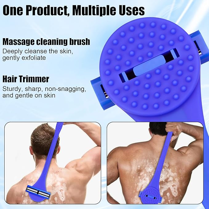 2 in 1 Back Shaver & Massage Cleaning Brush with Bendable Handle, Manual Stainless Steel Razor for Back & Body Hair Removal, Portable Wet Dry Body Groomer with 8 Pcs Replaceable Blades-Blue