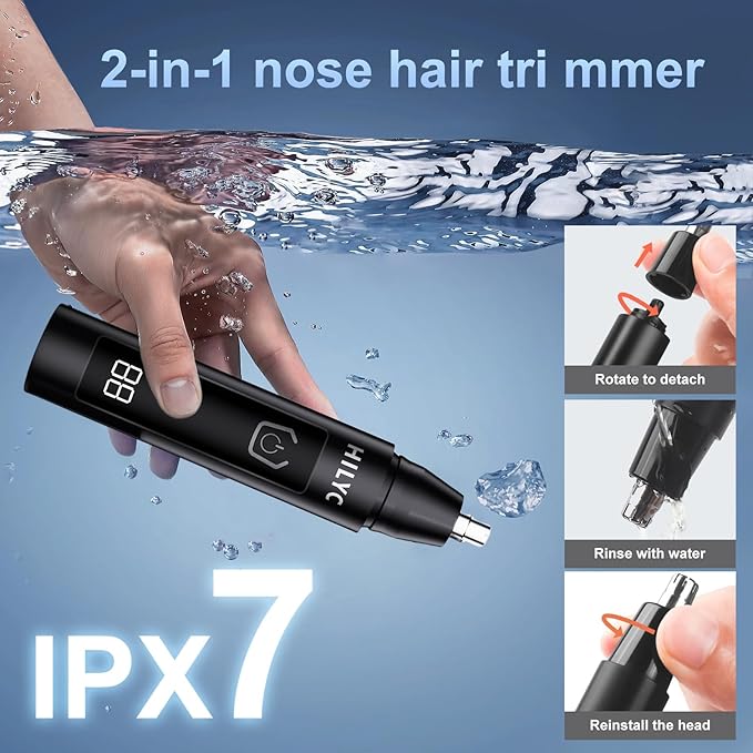 Professional Nose Hair Trimmer, LED Display, USB Rechargeable, Waterproof Double-Edge Blade for Men, Women, IPX7 Rated (Flat)