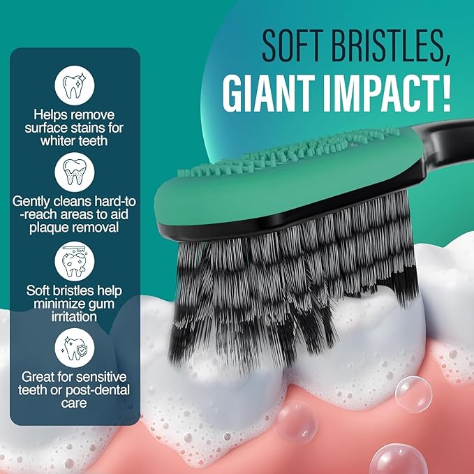 GuruNanda Gentle Giant Charcoal Toothbrush - Dual Action Flossing Spiral Bristles, Non-Slip Ergo Dexa Grip Handle, Helps in Teeth Whitening, BPA Free, 2ct (Pack of 2)