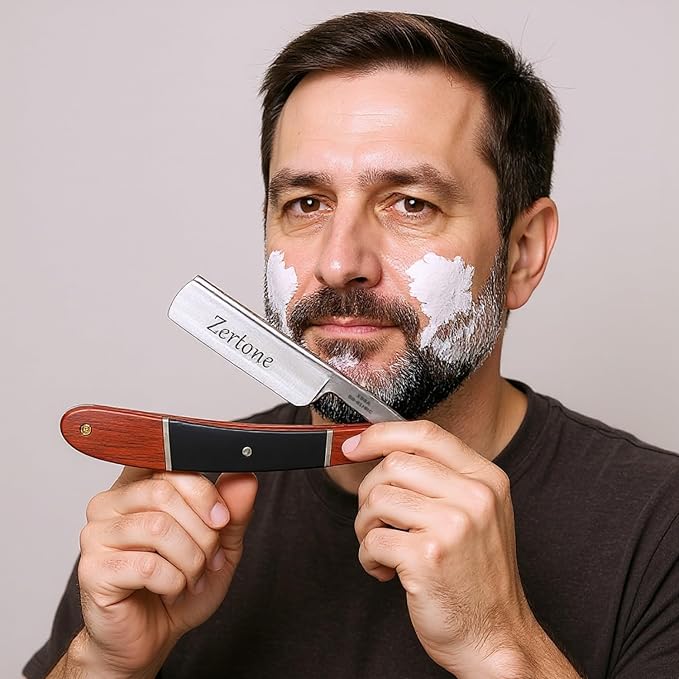 Zertone Straight Razors for Men Wood Scale Handmade – Sharp, Steel Cutthroat Straight Edge Razor Blade, Vintage Shaving Barber Razor with Metal Inlays for Professional Grooming