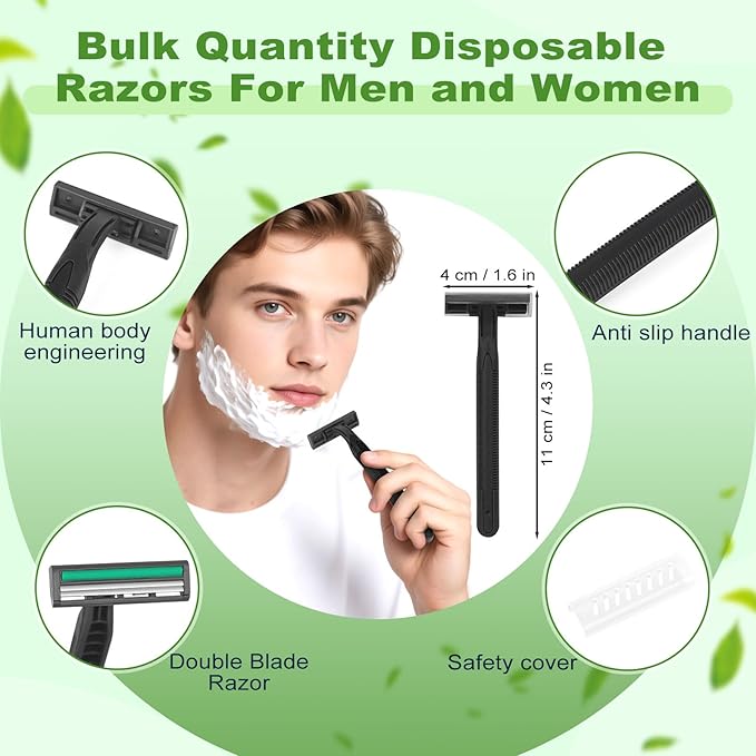Disposable Twin Blade Razors in Bulk, Individually Wrapped - Clear Safety Cap, For Homeless, Hotel, Airbnb, Travel (pack of 50,black)