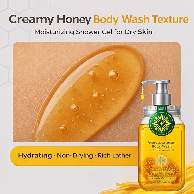 Organic Honey Body Wash – Honey Shower Gel w/Royal Jelly, Propolis & Real Honeycomb – Body Wash for Dry & Sensitive Skin – 16.9 fl oz / 500 ml Pump Bottle, Paraben & Sulfate Free