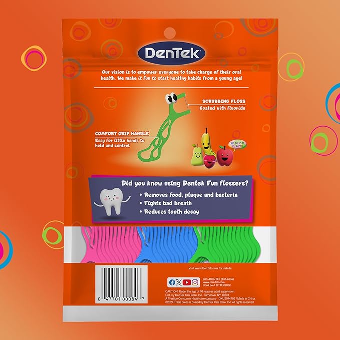 DenTek Fun Flossers – Kids Floss Picks with Wild Fruit Flavor, 90 Count (Pack of 2)