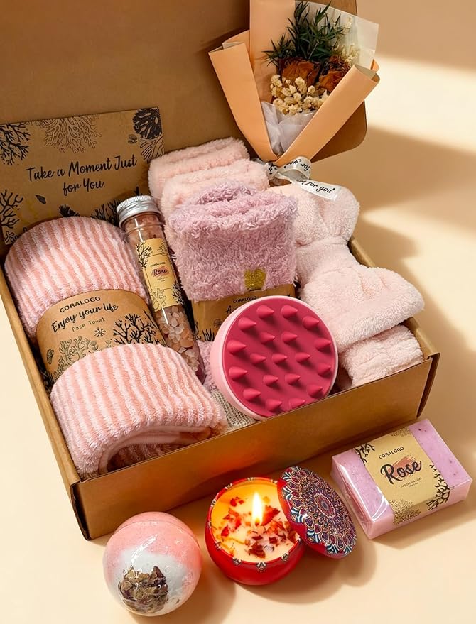Coralogo Rose Spa Gift Baskets - Natural Pampering Spa Set, Self-Care Get Well Soon Basket,Thank You Gifts, Unique 11pcs Gift Set for Birthday Christmas Valentines Day Mothers Day