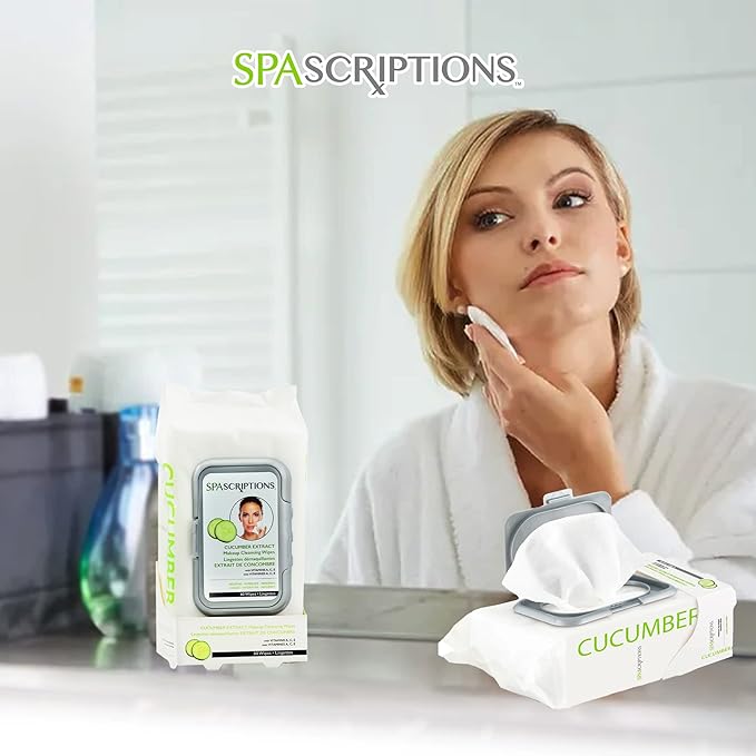 SpaScriptions Cucumber Cleansing Facial Wipes - Hydrating & Soothing Makeup Remover Wipes With Vitamin A, C & E For Moisturizing & Youtful Skin, Daily Use Face Wipes For All Skin Types, 1-Pack (60ct)