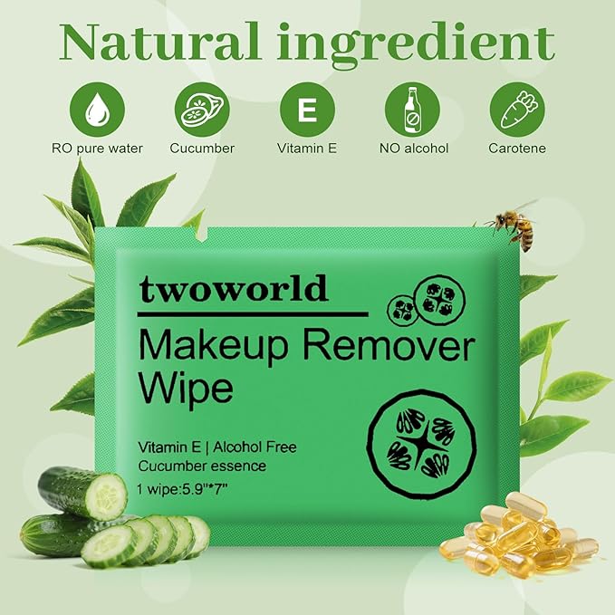 Makeup Remover Wipes Bulk Individually Wrapped,Travel Makeup Wipes Gentle for Face Cleansing Mascara Lipstick Travel Hotel（cucumber,pack of 100)