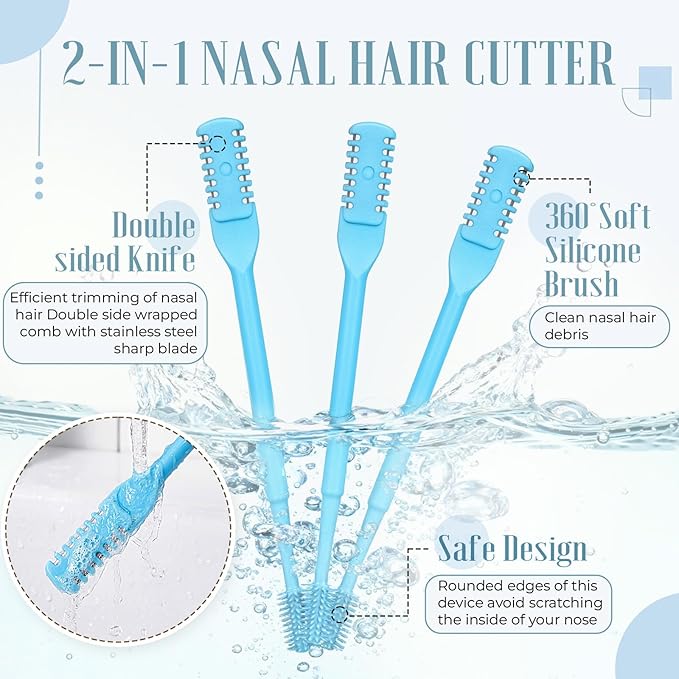2-in-1 Nasal Hair Cutter Travel Double Sided Nose Hair Trimmer for Women Men Portable 360 Rotating Manual Nose Nasal Knife Soft Cleaning Brush with 5 Box Travel Package Blue (15 Pcs)