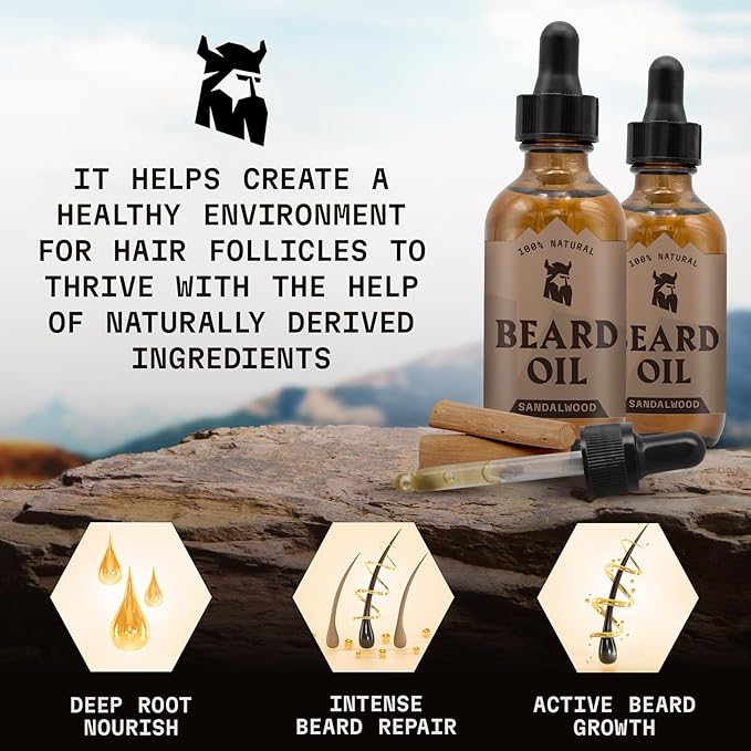 Striking Viking Beard Oil for Men - 2 Fl Oz, Pack of 2, Sandalwood - Nourishing Argan & Jojoba Oil Blend - Soothing Almond & Tea Tree Beard Conditioner - Promotes Fuller Facial Hair Growth