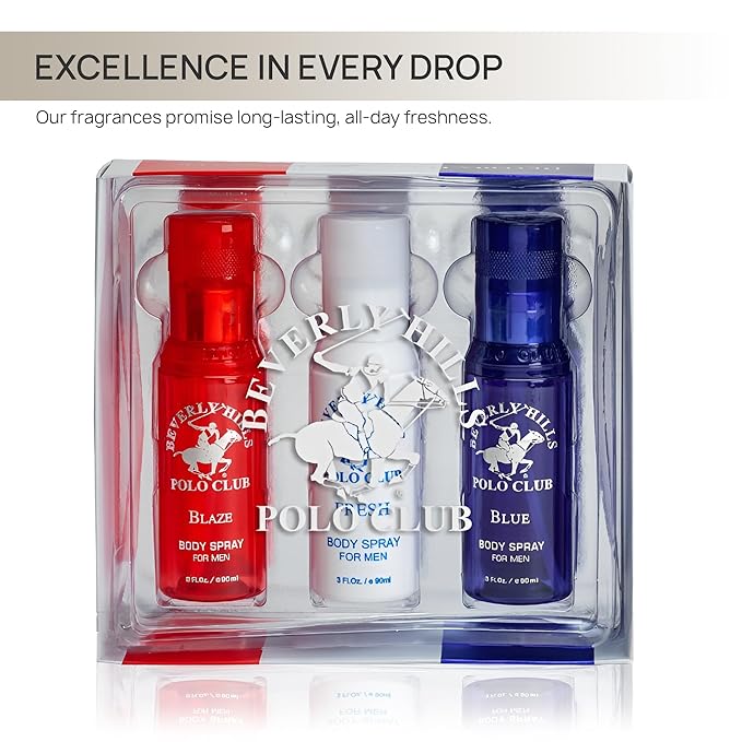 Beverly Hills Polo Club Men's Body Spray Collection - 3 x 3oz Designer Cologne Gift Set for Everyday Freshness & Travel