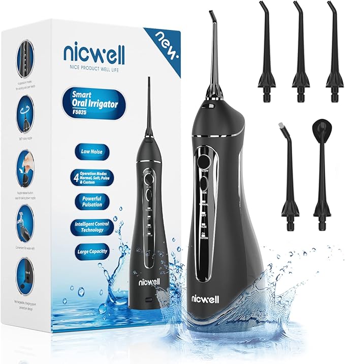 Nicwell Water Dental Flosser for Teeth - 4 Modes & 11 Pressure Settings Cordless Portable Oral Irrigator, IPX7 Waterproof Rechargeable with 5 Tips for Braces Cleaning, Travel, Deep Teeth Cleaning