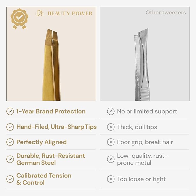 Professional Tweezers in Case - Slant, Durable Lightweight German Stainless Steel, Ultra Precision Tweezers for Eyebrows, Facial Hair, Chin, and Ingrown Hair Removal - Gift (Gold)