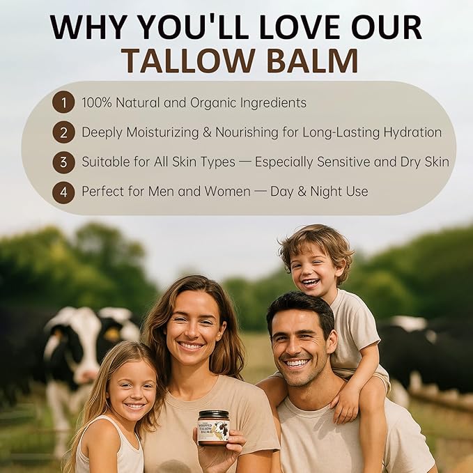Whipped Tallow Balm for Face – 100% Grass-Fed Organic Beef Tallow Cream with Manuka Honey & Beeswax – Body & Face Moisturizer for Sensitive Skin, Nourishing & Repairing, 4.2 oz