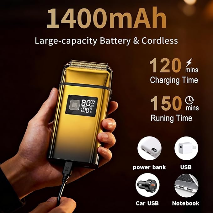 Electric Foil Shaver for Men,Electric Razor with Pop-up Trimmer,Cordless Beard Trimmer,Waterproof,Wet & Dry Shaving,LED Display,2-Speed Mode (Gold)
