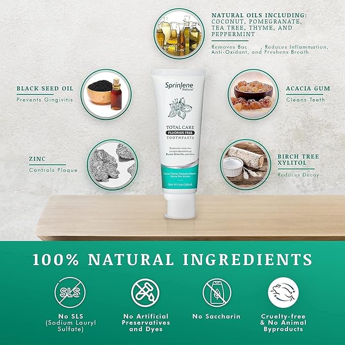 SprinJene Natural Total Care Fluoride Free Toothpaste – Patented Formula with Black Seed Oil & Zinc – Dry Mouth Toothpaste for Fresh Breath & Strong Teeth – Made in The USA (1 Pack)