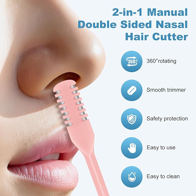5PCS 2-in-1 Nasal Hair Cutter, Upgrade Manual Double Sided Nose Hair Trimmer Cutter for Women and Men 360°Rotating Nose Hair Remover Grooming Tool knife Razor Portable Nostril hair kit (Light Pink)