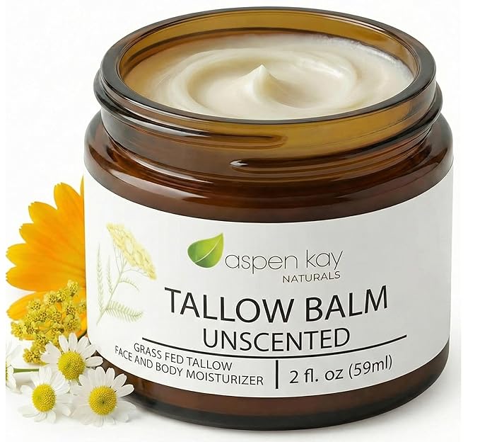 Aspen Kay Naturals Handmade 100% Grass Fed Beef Tallow Balm for Skin Care, Organic Moisturizer + Chamomile, Yarrow & Calendula (Unscented) Organic Body Butter - 2 fl. oz. Made in USA